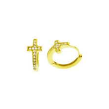 Load image into Gallery viewer, Sterling Silver Gold Plated Cross CZ Huggies Hoop Earrings