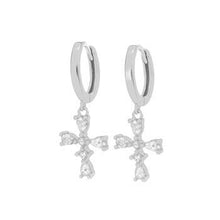 Load image into Gallery viewer, Sterling Silver Rhodium Plated Cross CZ Huggies Hoop Earrings