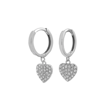 Load image into Gallery viewer, Sterling Silver Rhodium Plated Pave CZ Heart Huggie Hoop Earrings