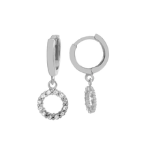 Load image into Gallery viewer, Sterling Silver Rhodium Plated Dangle Circle CZ Huggie Hoop Earrings