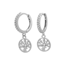 Load image into Gallery viewer, Sterling Silver Rhodium Plated Dangle Tree Of Life CZ Huggie Hoop Earrings