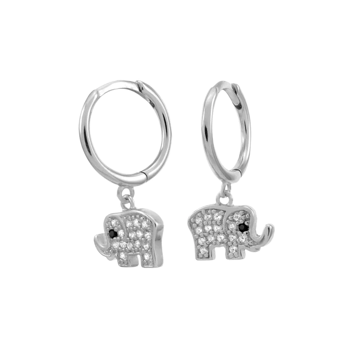 Sterling Silver Rhodium Plated Pave CZ Elephant Huggie Hoop Earrings