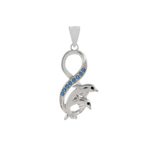 Load image into Gallery viewer, Sterling Silver Rhodium Plated Blue CZ Infinity Dolphin Pendant