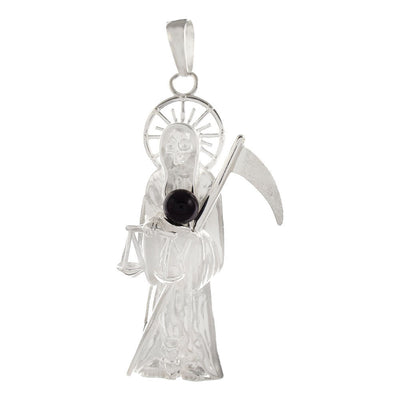 Sterling Silver Santa Muerte With Black Onyx Ball Pendant