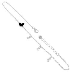 Sterling Silver Rhodium Plated Black Enamel Butterfly CZ Charm Anklet
