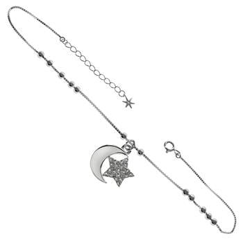 Sterling Silver Box Chain With Sliding Beads And Moon Star Pave CZ Anklet