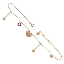 Load image into Gallery viewer, Sterling Silver Rose Plated Heart Kiss Red CZ Heart Dangle Charm Anklet