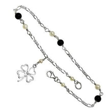 Load image into Gallery viewer, Sterling Silver Freshwater Pearl Black Onyx Four Leaf Clover Anklet