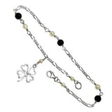Sterling Silver Freshwater Pearl Black Onyx Four Leaf Clover Anklet