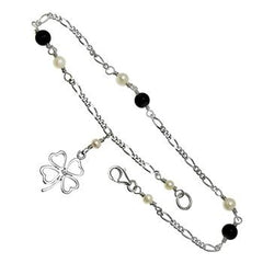 Sterling Silver Freshwater Pearl Black Onyx Four Leaf Clover Anklet