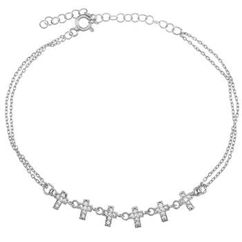Sterling Silver Rhodium Small CZ Cross Bracelet