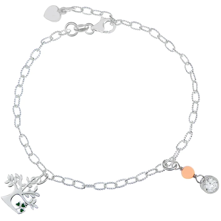 Sterling Silver Tree Of Life And Round CZ Bezel Set Oval Diamond Cut Link Bracelet