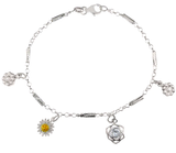 Sterling Silver Polished Flowers Charm Bracelet