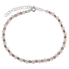 Sterling Silver Rhodium Plated Pink Crystal And Diamond Cut Bead Bracelet