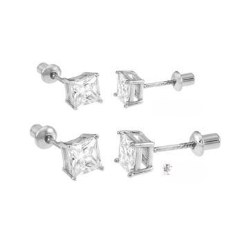Sterling Silver Princess CZ Cast Screw Back Stud Earrings