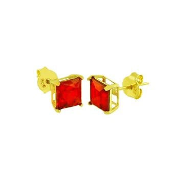 Sterling Silver Gold Plated Square CZ Ruby Casting Stud Earrings