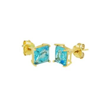 Sterling Silver Gold Plated Square CZ Blue Topaz Casting Stud Earrings
