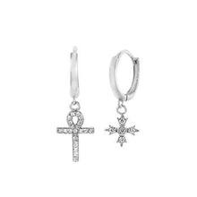 Load image into Gallery viewer, Sterling Silver CZ Cross Dangle Huggie Earrings