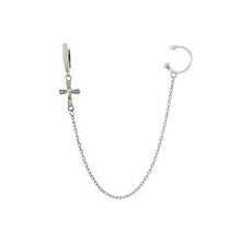 Load image into Gallery viewer, Sterling Silver Rhodium Ear Cuff Chain Set Cross CZ Huggie Hoop Earrings