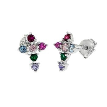 Sterling Silver Rhodium Rainbow CZ Cross Stud Earrings