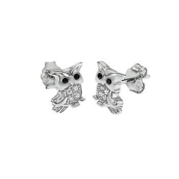 Sterling Silver Rhodium Owl CZ Stud Earrings