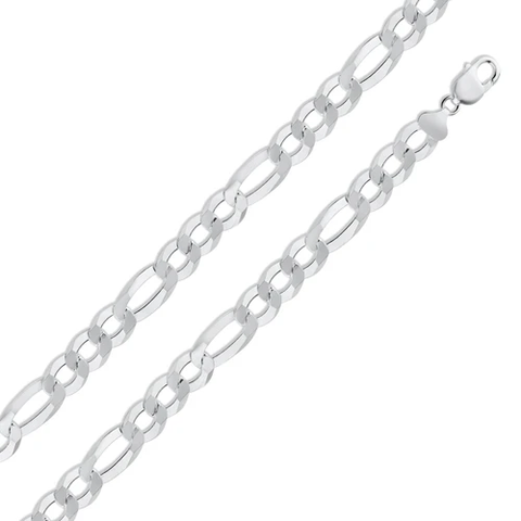 Italian Sterling Silver Figaro Chain 300- 11mm with Lobster Clasp Closure