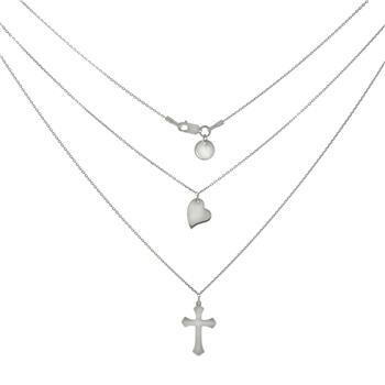 Sterling Silver Cross Heart Double Layered D/C Rolo Chain Necklace