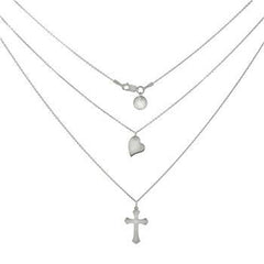 Sterling Silver Cross Heart Double Layered D/C Rolo Chain Necklace