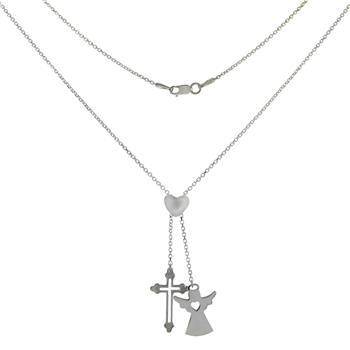 Sterling Silver Dangle Cross And Angel With Sliding Heart Adjustable Necklace