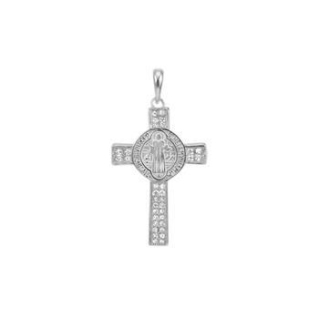 Sterling Silver High Polish Saint Benedict CZ Cross Pendant