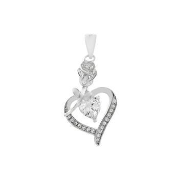 Sterling Silver CZ Open Heart And Rose Pendant