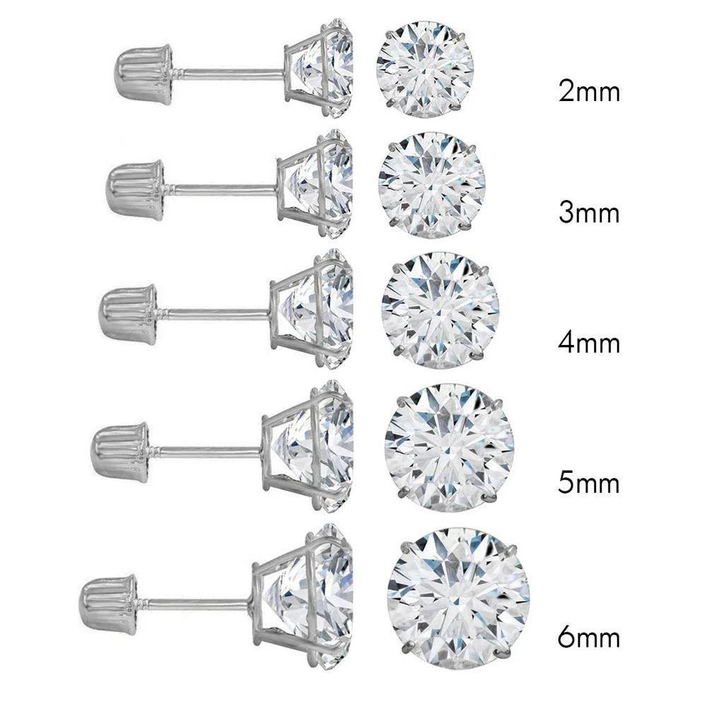 14K White Gold Round Cubic Zirconia Stud Earring Set on High Quality Prong Setting and Screw Back Post