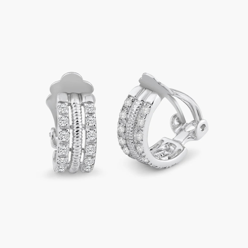 Sterling Silver Classic Half Hoop Clip-On Earring Embedded with Clear Czs