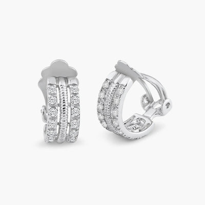 Sterling Silver Classic Half Hoop Clip-On Earring Embedded with Clear Czs