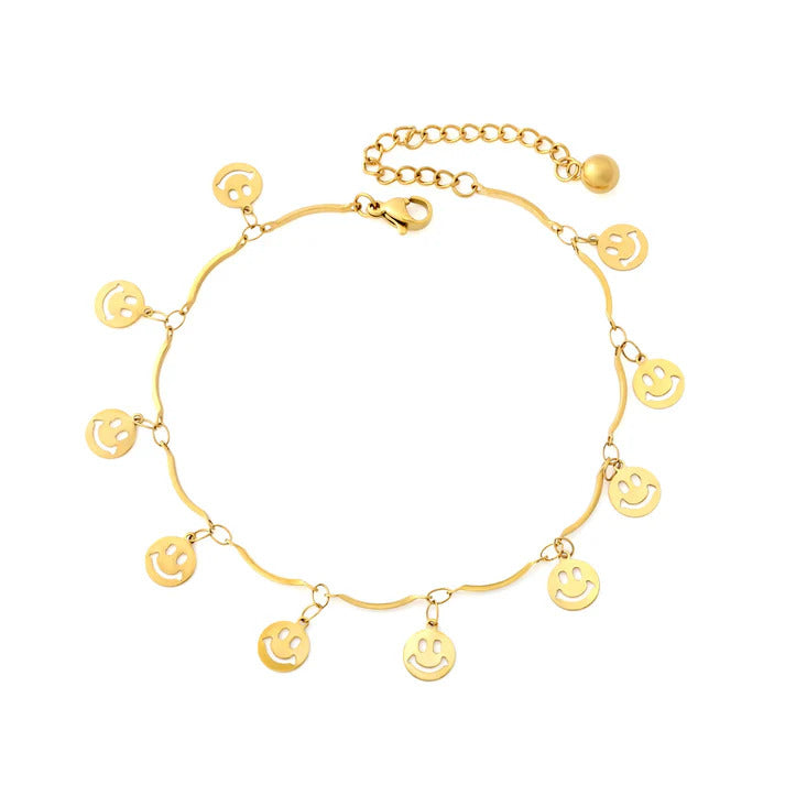 Stainless Steel Gold Color PVD Sweet Barefoot Smiley Face Anklet Chain
