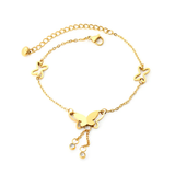 Tresoli Stainless Steel Gold Color PVD 2 Openwork Butterflies And Double Layer Butterfly Tassel Round Diamonds With Round Clasp Tag Chain Anklet