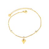 Tresoli Stainless Steel Gold Color PVD 3 Round Diamonds Heart Shaped Pendant With Round Tag Chain Anklet