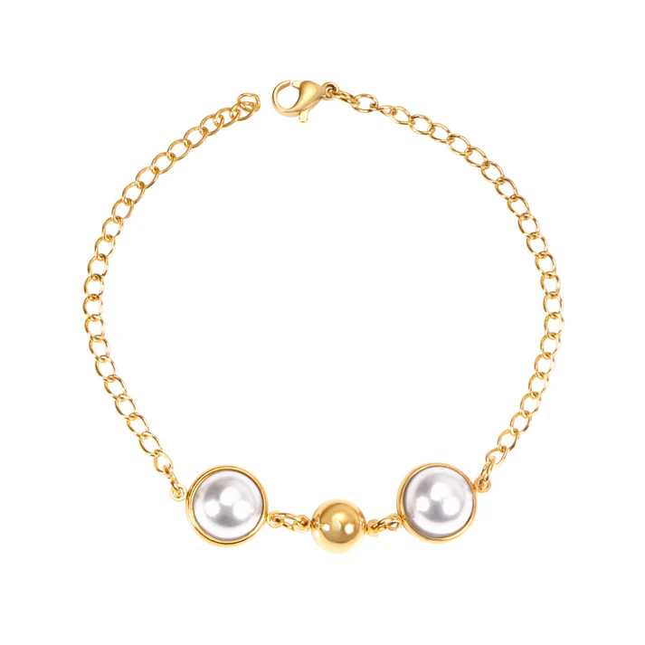 Tresoli Stainless Steel Gold Color PVD White Pearls And Beads Bracelet