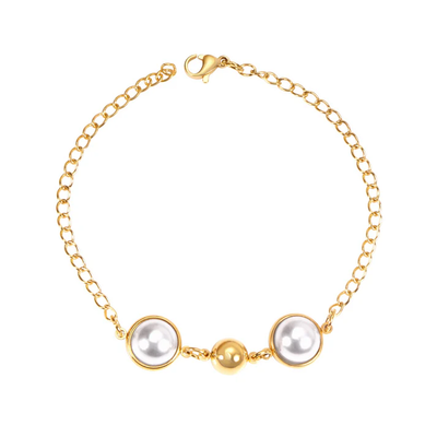 Tresoli Stainless Steel Gold Color PVD White Pearls And Beads Bracelet