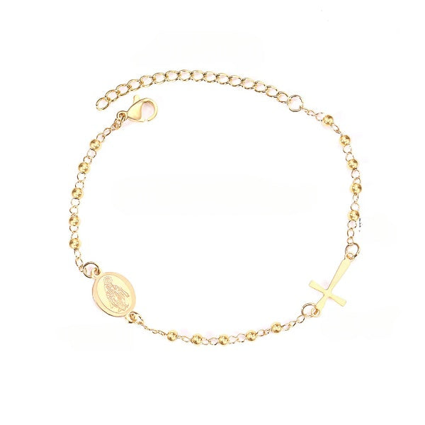 Stainless Steel Gold Color PVD Gold Beaded Crystal Cross And Jesus Charm Bracelet With Adjustable Extender Chain