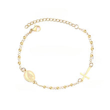 Load image into Gallery viewer, Stelluxe Stainless Steel Gold Color PVD Gold Beaded Crystal Cross And Jesus Charm Bracelet With Adjustable Extender Chain