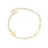 Tresoli Stainless Steel Gold Color PVD Gold Beaded Crystal Cross And Jesus Charm Bracelet With Adjustable Extender Chain
