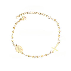 Tresoli Stainless Steel Gold Color PVD Gold Beaded Crystal Cross And Jesus Charm Bracelet With Adjustable Extender Chain