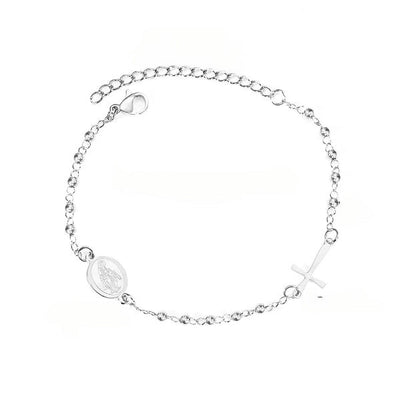 Tresoli Stainless Steel Color PVD Steel Beaded Crystal Cross And Jesus Charm Bracelet With Adjustable Extender Chain