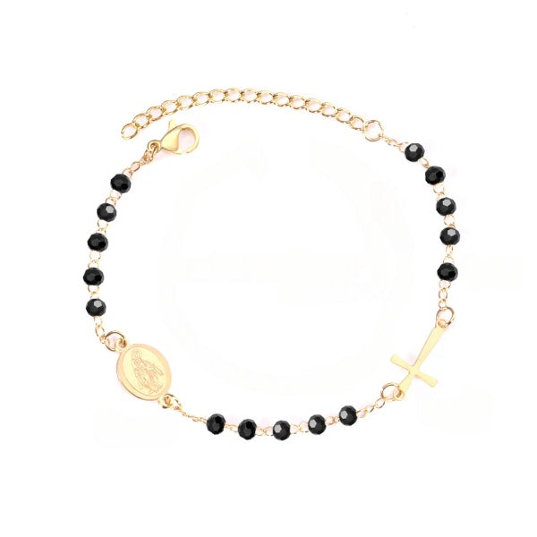 Stainless Steel Gold Color PVD Black Beaded Crystal Cross And Jesus Charm Bracelet With Adjustable Extender Chain