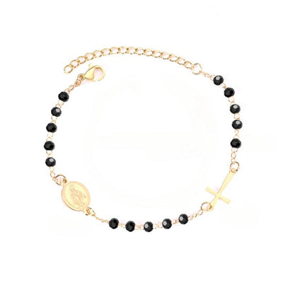 Tresoli Stainless Steel Gold Color PVD Black Beaded Crystal Cross And Jesus Charm Bracelet With Adjustable Extender Chain