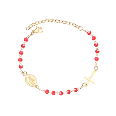 Tresoli Stainless Steel Gold Color PVD Red Beaded Crystal Cross And Jesus Charm Bracelet With Adjustable Extender Chain