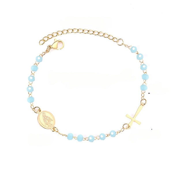Stainless Steel Gold Color PVD Light Blue Beaded Crystal Cross And Jesus Charm Bracelet With Adjustable Extender Chain