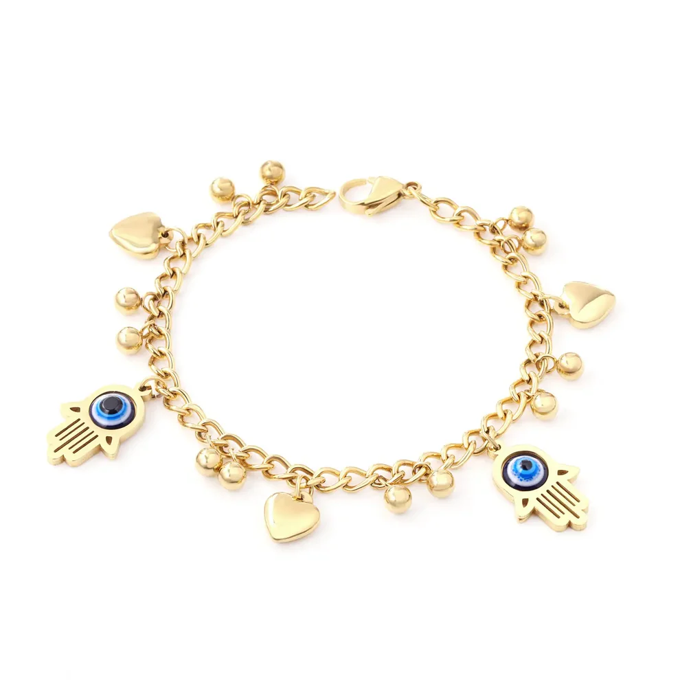 Tresoli Stainless Steel Gold Color PVD Heart Beads And Blue Cat's Eye Bracelet