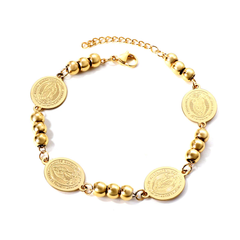 Tresoli Stainless Steel Gold Color PVD 4 Oval Figures With 3 Beads Charm Bracelet